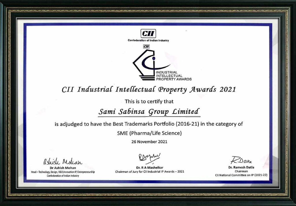 Sami-Sabinsa Group Recognized by Confederation of Indian Industry (CII) with Best Trademarks Portfolios at Industrial Intellectual Property Awards 2021